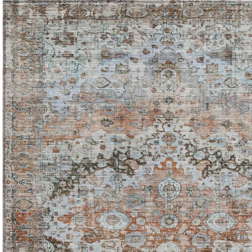 Rust Brown And Beige Floral Washable Indoor Outdoor Area Rug Photo 7