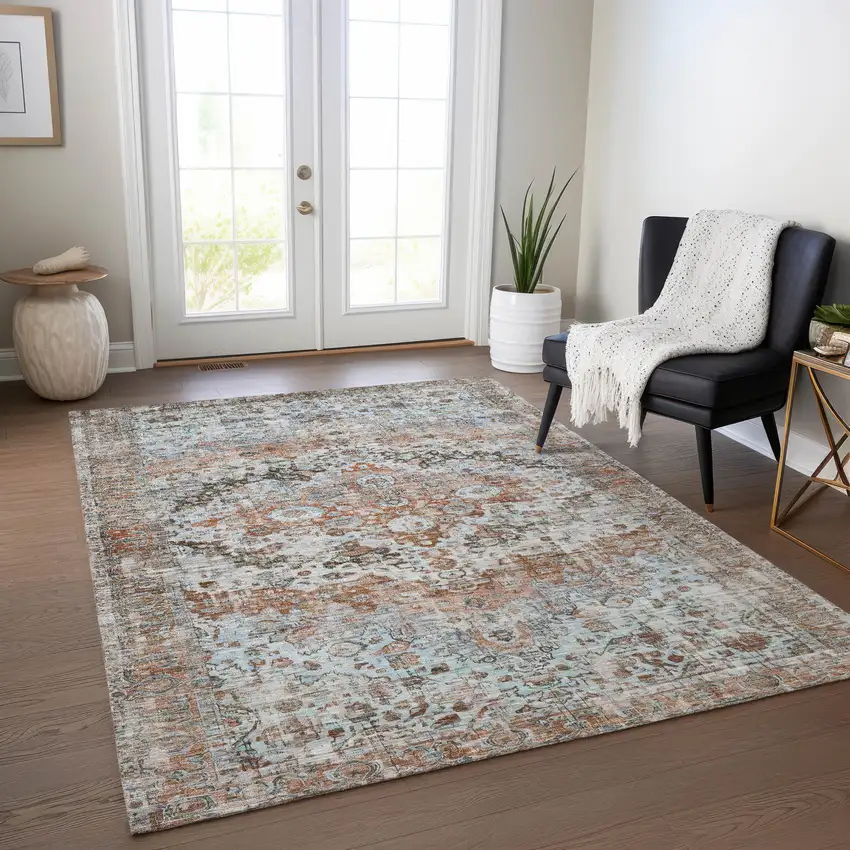 Rust Brown And Beige Floral Washable Indoor Outdoor Area Rug Photo 6