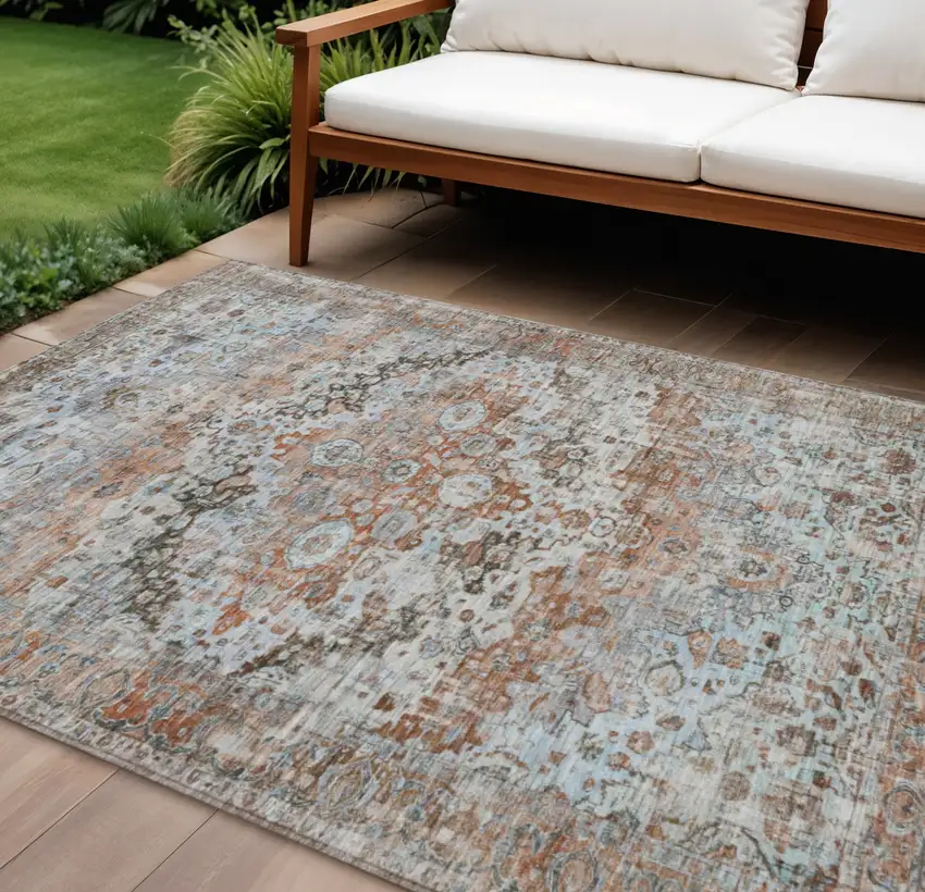 Rust Brown And Beige Floral Washable Indoor Outdoor Area Rug Photo 2