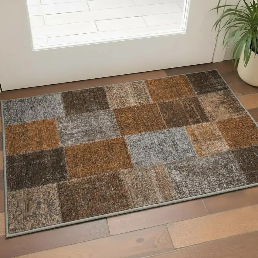 Rust Brown And Gray Patchwork Washable Area Rug With UV Protection Photo 2