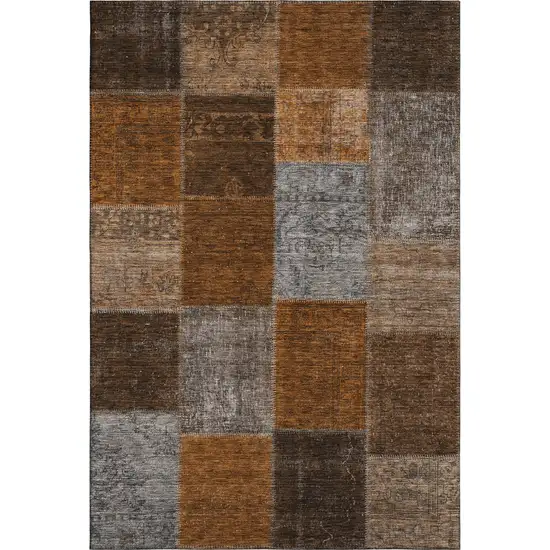 Rust Brown And Gray Patchwork Washable Area Rug With UV Protection Photo 1