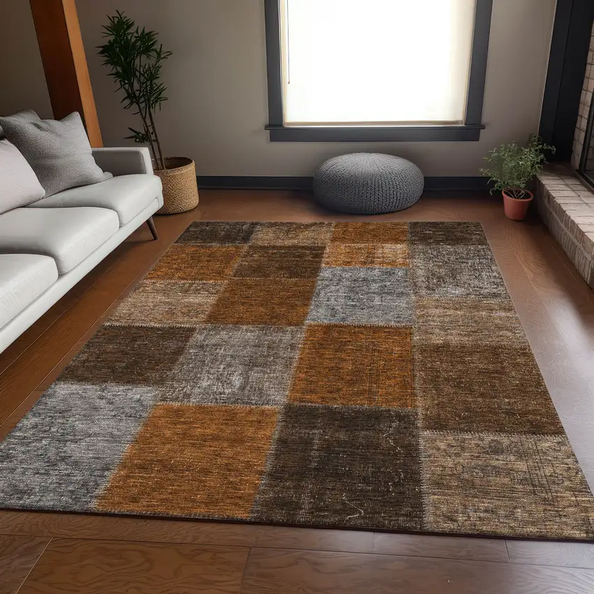 Rust Brown And Gray Patchwork Washable Area Rug With UV Protection Photo 3