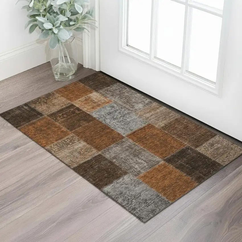 Rust Brown And Gray Patchwork Washable Area Rug With UV Protection Photo 1