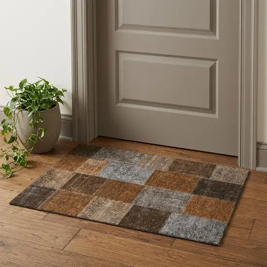 Rust Brown And Gray Patchwork Washable Area Rug With UV Protection Photo 1