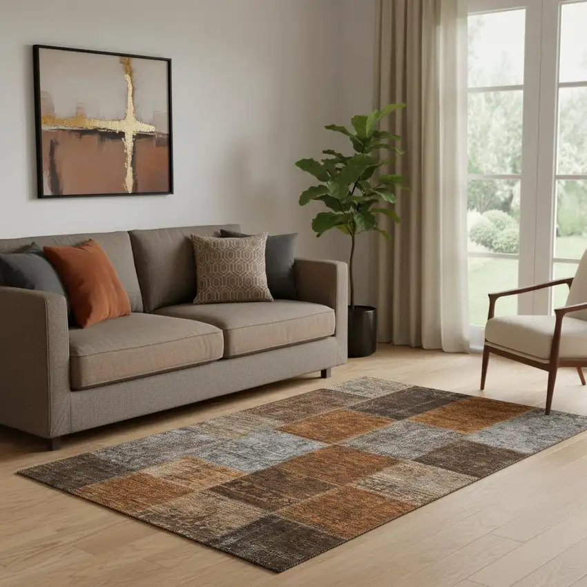 Rust Brown And Gray Patchwork Washable Area Rug With UV Protection Photo 1