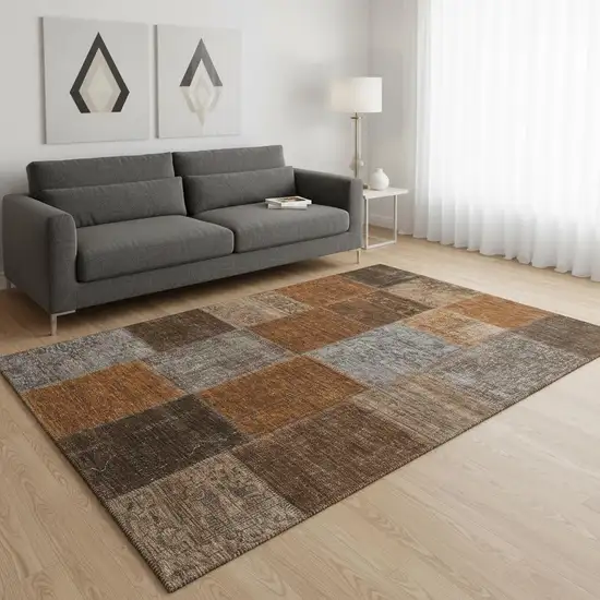 Rust Brown And Gray Patchwork Washable Area Rug With UV Protection Photo 1