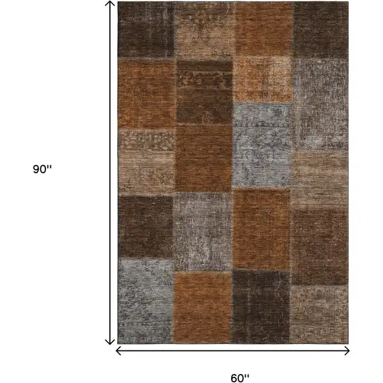 Rust Brown And Gray Patchwork Washable Area Rug With UV Protection Photo 3