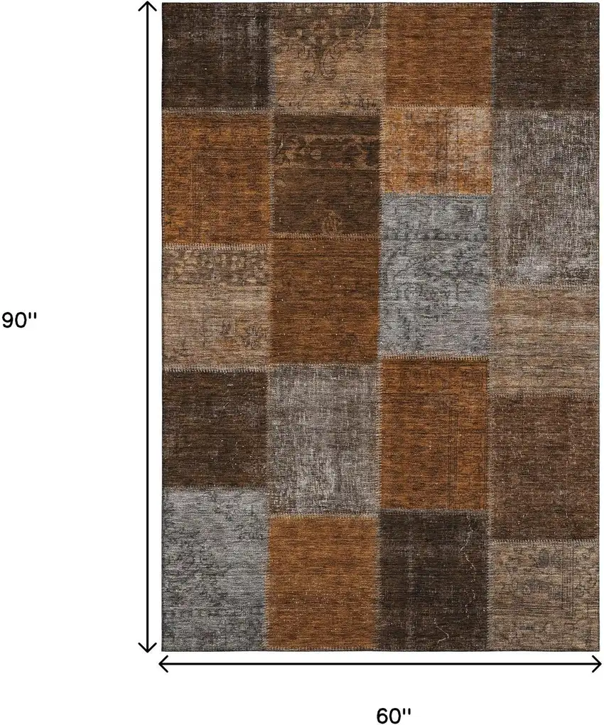 Rust Brown And Gray Patchwork Washable Area Rug With UV Protection Photo 3