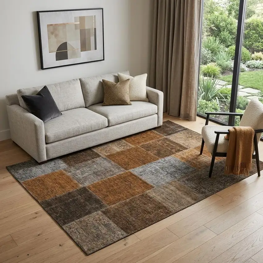 Rust Brown And Gray Patchwork Washable Area Rug With UV Protection Photo 1