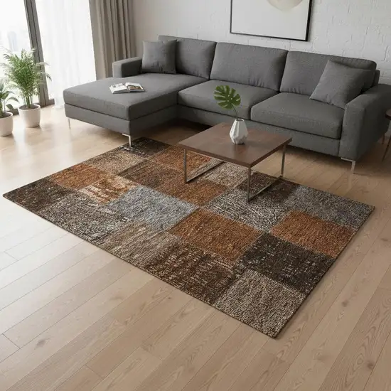 Rust Brown And Gray Patchwork Washable Area Rug With UV Protection Photo 1