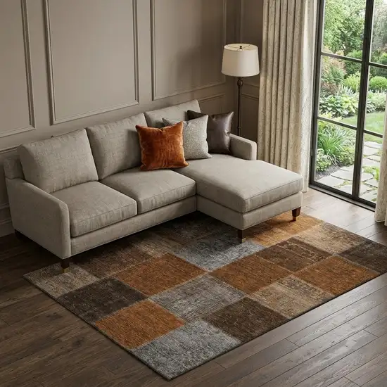 Rust Brown And Gray Patchwork Washable Area Rug With UV Protection Photo 1