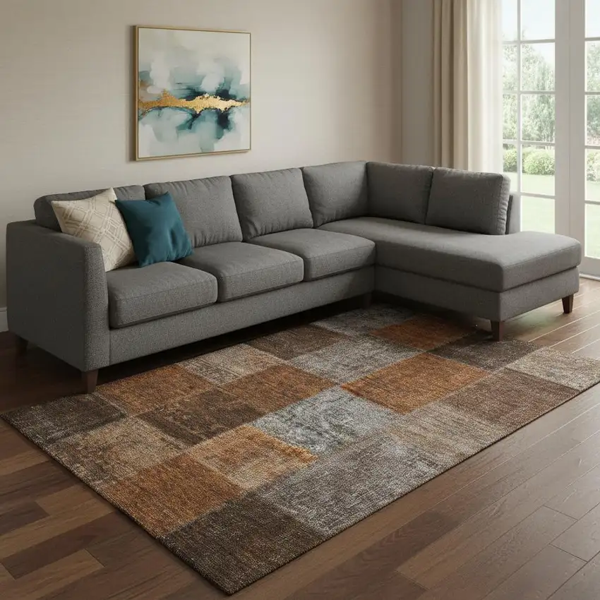 Rust Brown And Gray Patchwork Washable Area Rug With UV Protection Photo 1