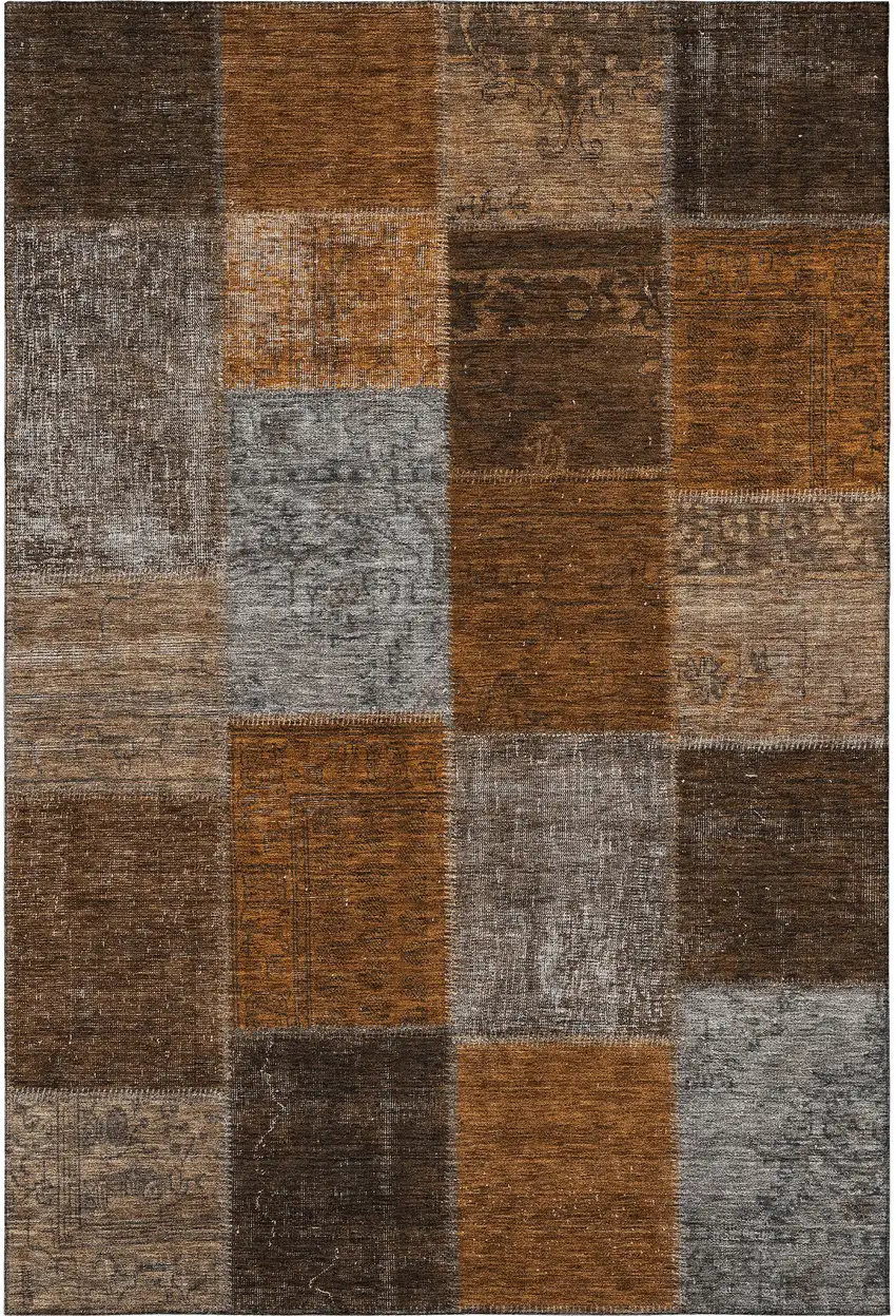 Rust Brown And Gray Patchwork Washable Area Rug With UV Protection Photo 2