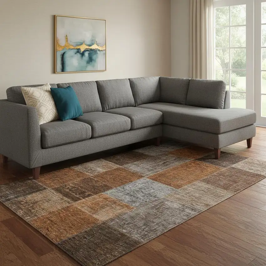 Rust Brown And Gray Patchwork Washable Area Rug With UV Protection Photo 1