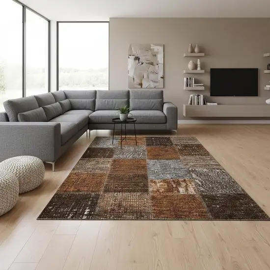 Rust Brown And Gray Patchwork Washable Area Rug With UV Protection Photo 1