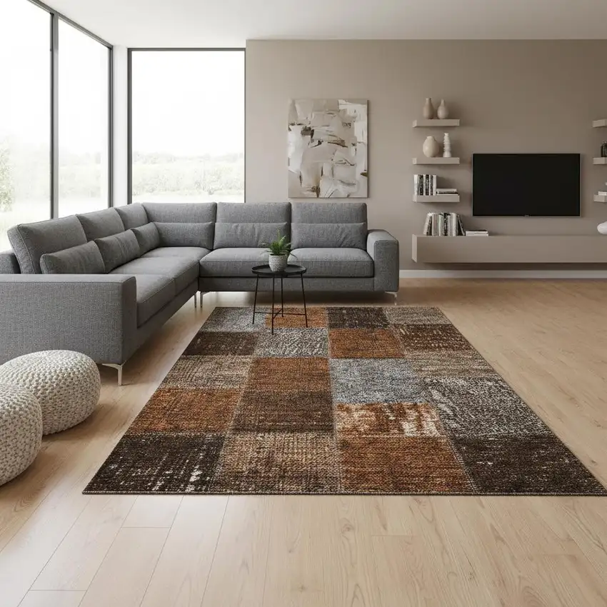 Rust Brown And Gray Patchwork Washable Area Rug With UV Protection Photo 1