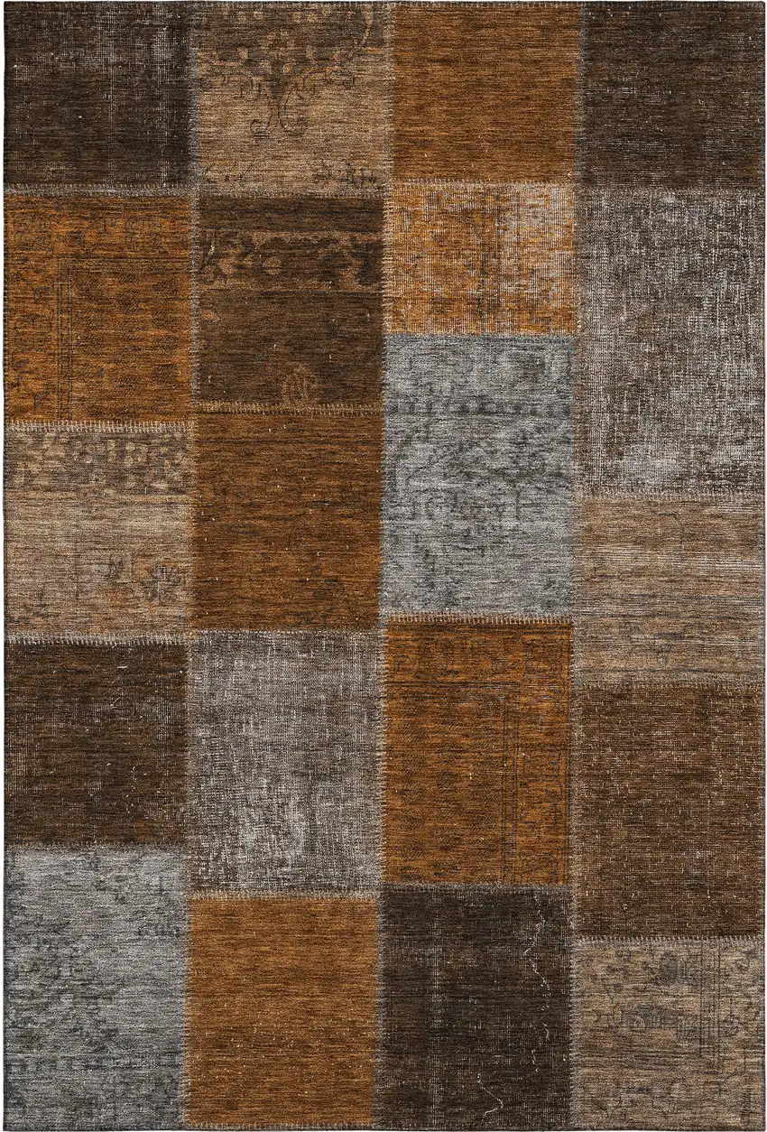 Rust Brown And Gray Patchwork Washable Area Rug With UV Protection Photo 2