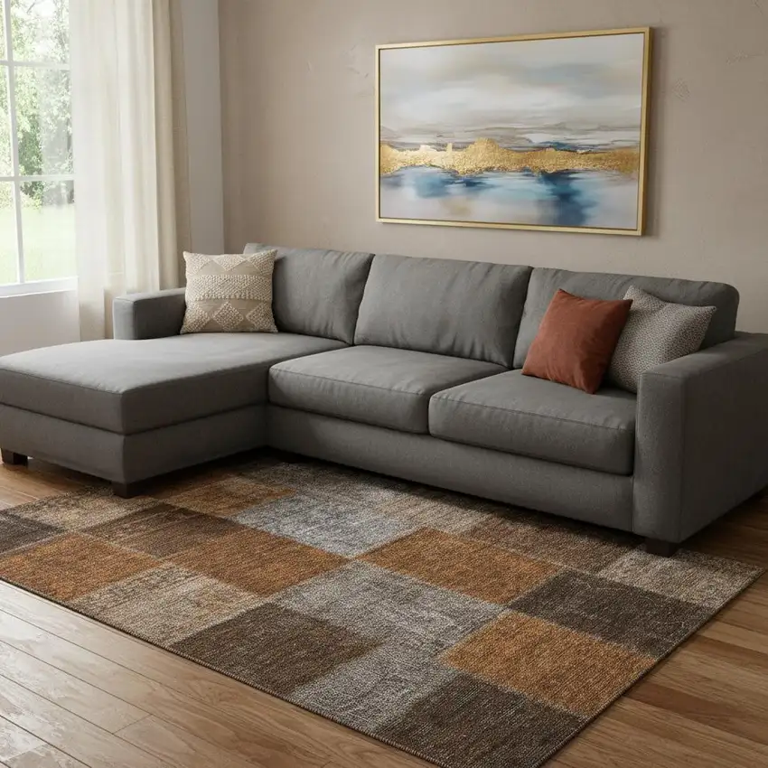 Rust Brown And Gray Patchwork Washable Area Rug With UV Protection Photo 1