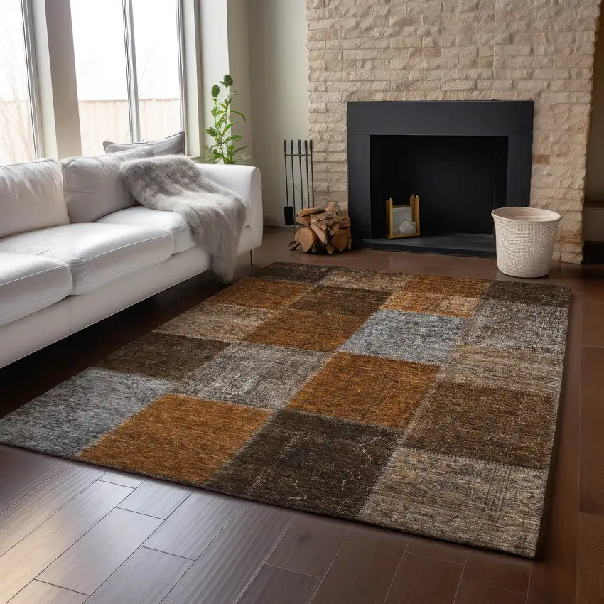 Rust Brown And Gray Patchwork Washable Area Rug With UV Protection Photo 7