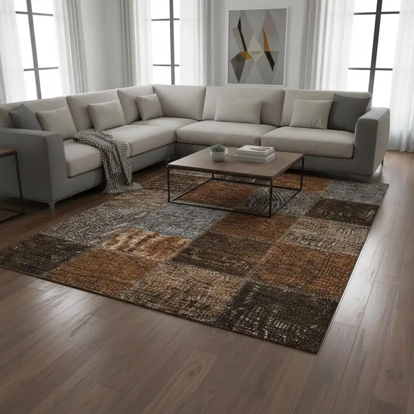 Rust Brown And Gray Patchwork Washable Area Rug With UV Protection Photo 1