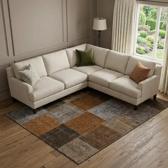 Rust Brown And Gray Patchwork Washable Area Rug With UV Protection Photo 1