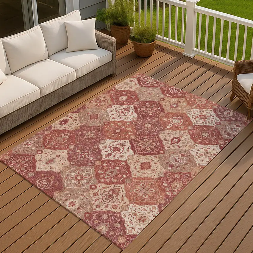 Rust Burgundy And Ivory Floral Medallion Washable Indoor Outdoor Area Rug Photo 6