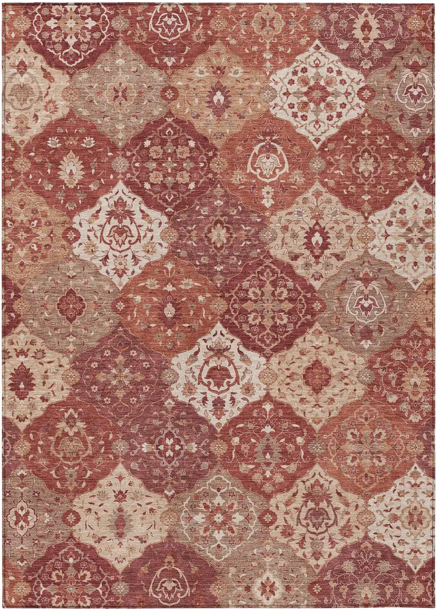 Rust Burgundy And Ivory Floral Medallion Washable Indoor Outdoor Area Rug Photo 2