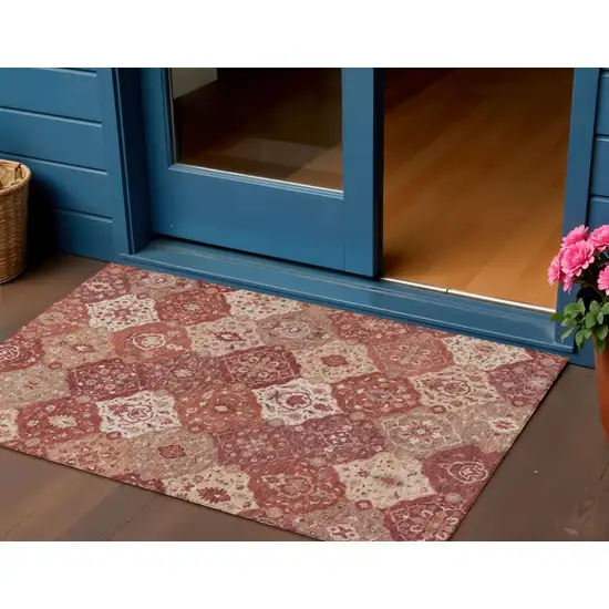Rust Burgundy And Ivory Floral Medallion Washable Indoor Outdoor Area Rug Photo 1