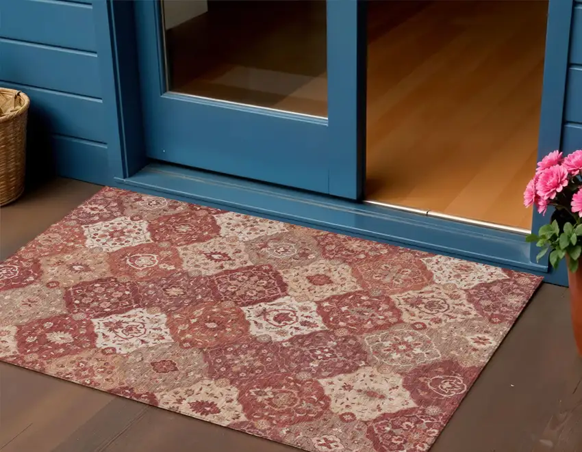 Rust Burgundy And Ivory Floral Medallion Washable Indoor Outdoor Area Rug Photo 1