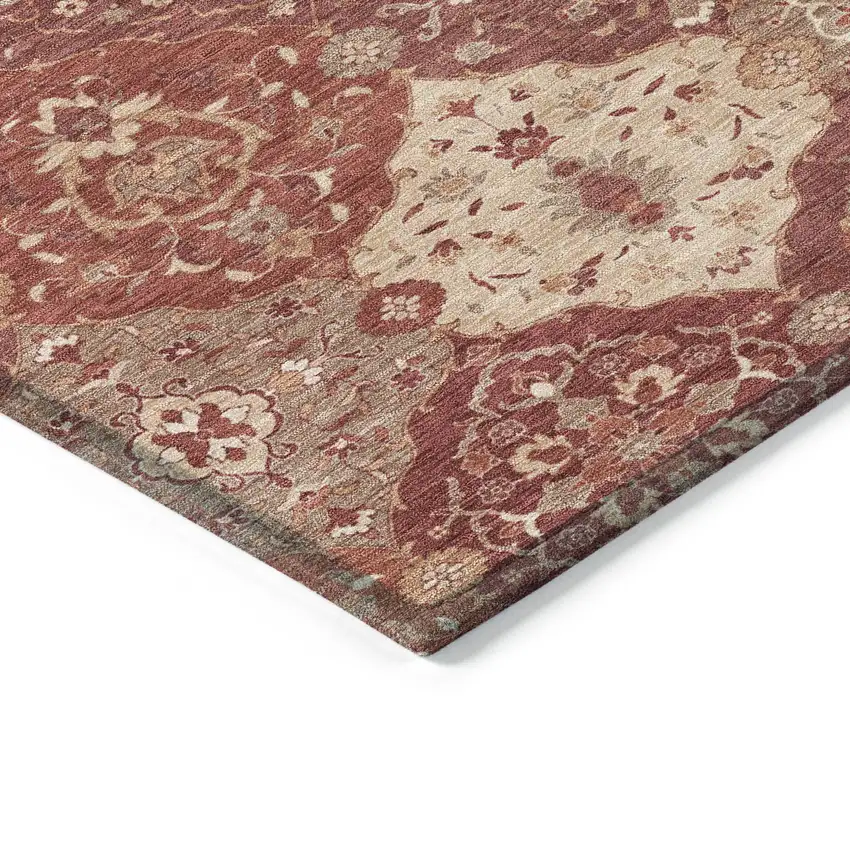 Rust Burgundy And Ivory Floral Medallion Washable Indoor Outdoor Area Rug Photo 6
