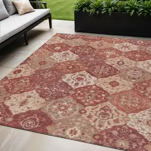 Photo of Rust Burgundy And Ivory Floral Medallion Washable Indoor Outdoor Area Rug