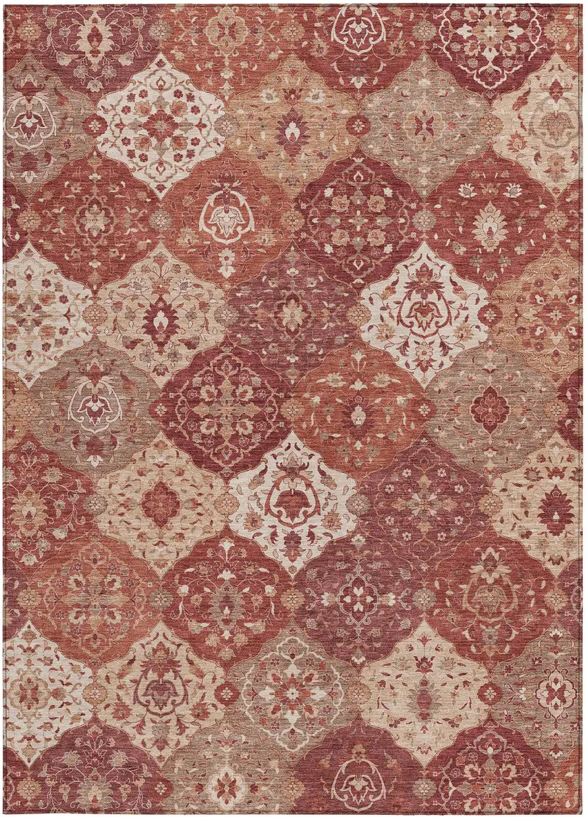 Rust Burgundy And Ivory Floral Medallion Washable Indoor Outdoor Area Rug Photo 4