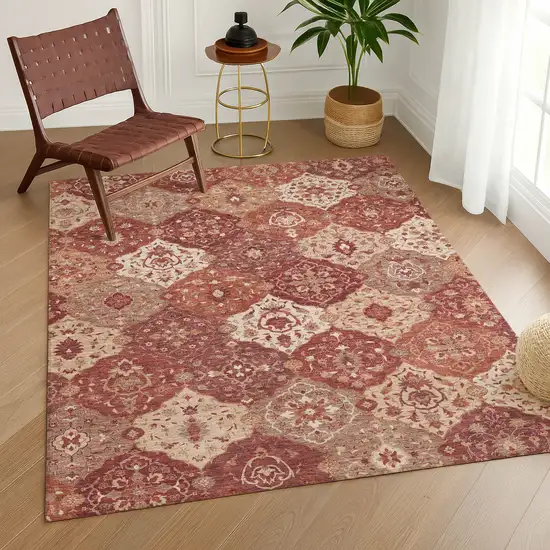 Rust Burgundy And Ivory Floral Medallion Washable Indoor Outdoor Area Rug Photo 9