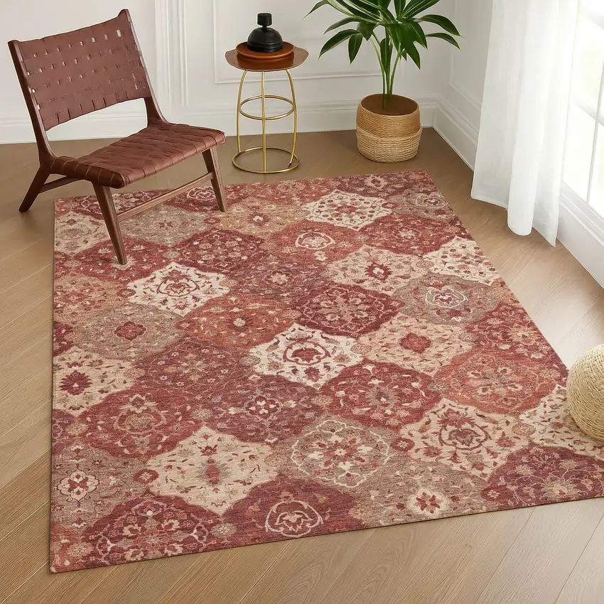 Rust Burgundy And Ivory Floral Medallion Washable Indoor Outdoor Area Rug Photo 9