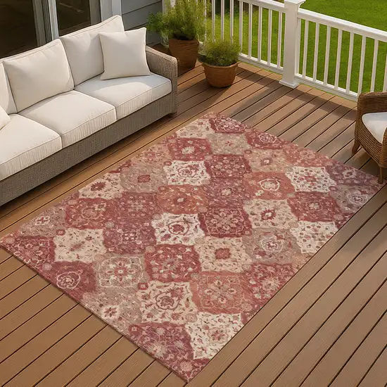 Rust Burgundy And Ivory Floral Medallion Washable Indoor Outdoor Area Rug Photo 7