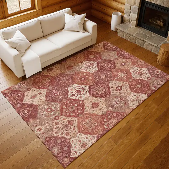 Rust Burgundy And Ivory Floral Medallion Washable Indoor Outdoor Area Rug Photo 7