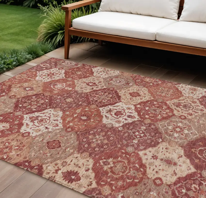 Rust Burgundy And Ivory Floral Medallion Washable Indoor Outdoor Area Rug Photo 1