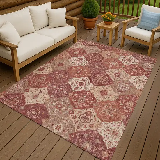Rust Burgundy And Ivory Floral Medallion Washable Indoor Outdoor Area Rug Photo 9