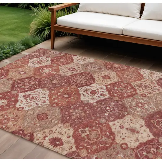 Rust Burgundy And Ivory Floral Medallion Washable Indoor Outdoor Area Rug Photo 1