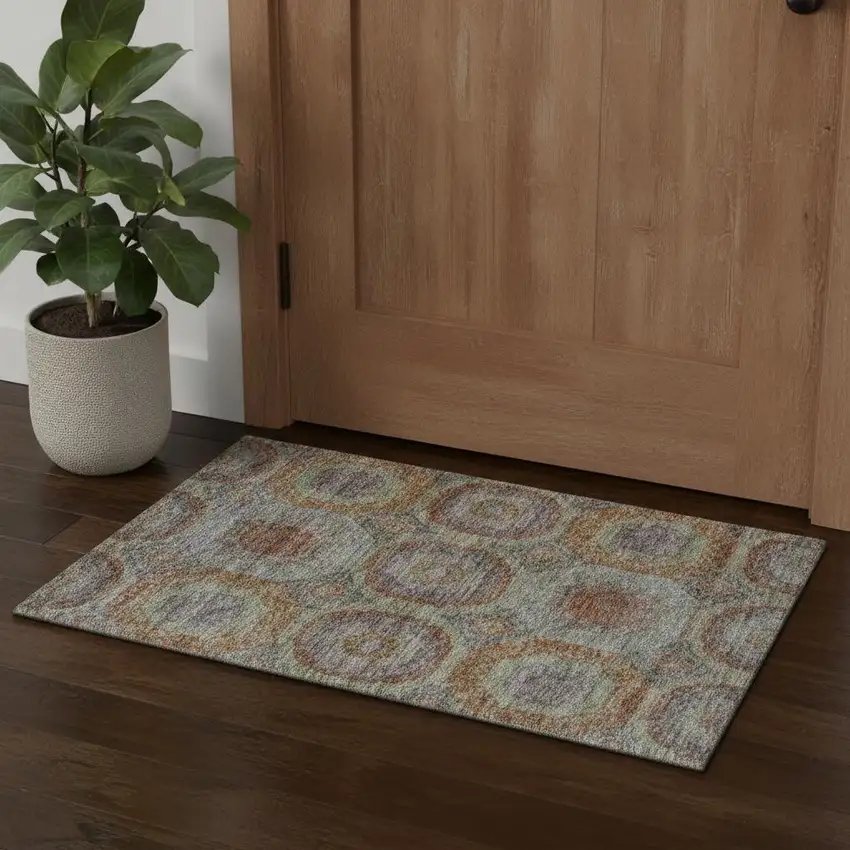 Rust Charcoal And Beige Geometric Washable Area Rug With UV Protection Photo 1