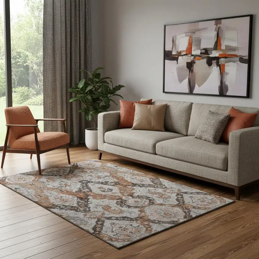 Rust Charcoal And Beige Ikat Washable Area Rug With UV Protection Photo 2