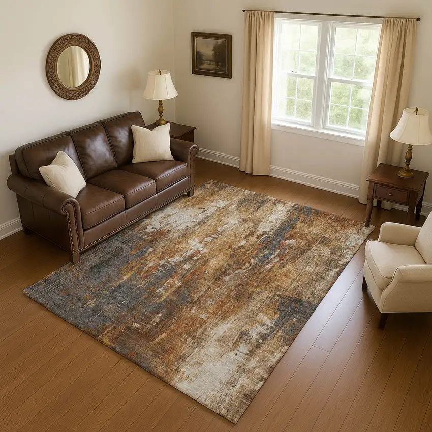 Rust Charcoal And Ivory Abstract Washable Area Rug With UV Protection Photo 2