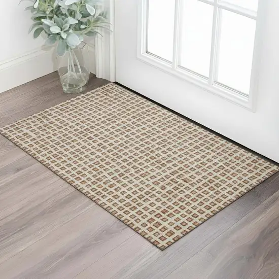 Rust Copper And Beige Geometric Washable Area Rug With UV Protection Photo 1