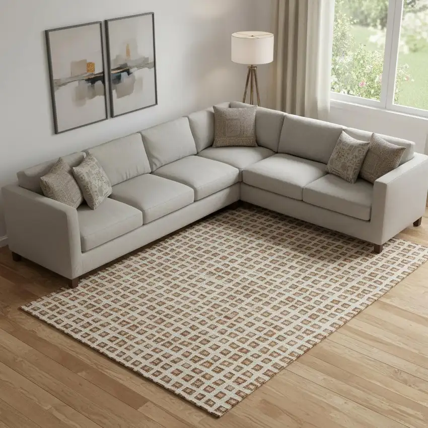 Rust Copper And Beige Geometric Washable Area Rug With UV Protection Photo 1