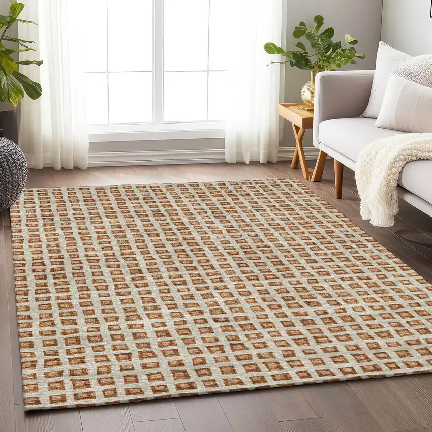 Rust Copper And Beige Geometric Washable Area Rug With UV Protection Photo 5