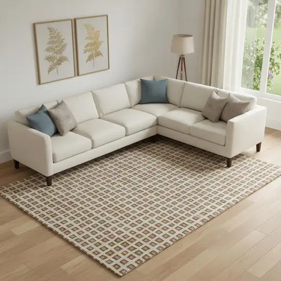 Rust Copper And Beige Geometric Washable Area Rug With UV Protection Photo 1