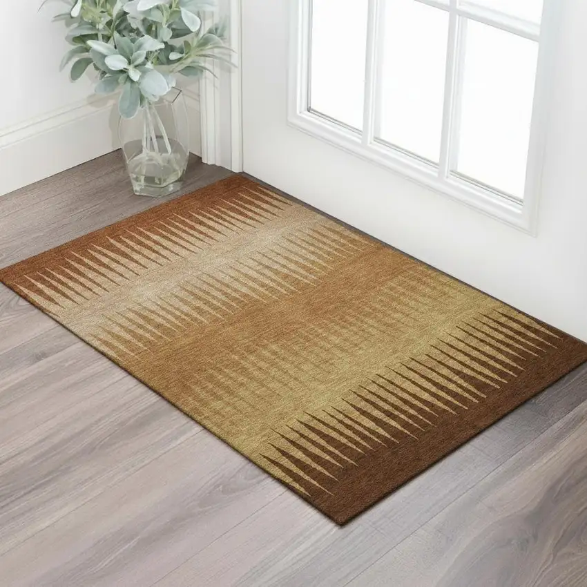 Rust Copper And Beige Striped Washable Area Rug With UV Protection Photo 1