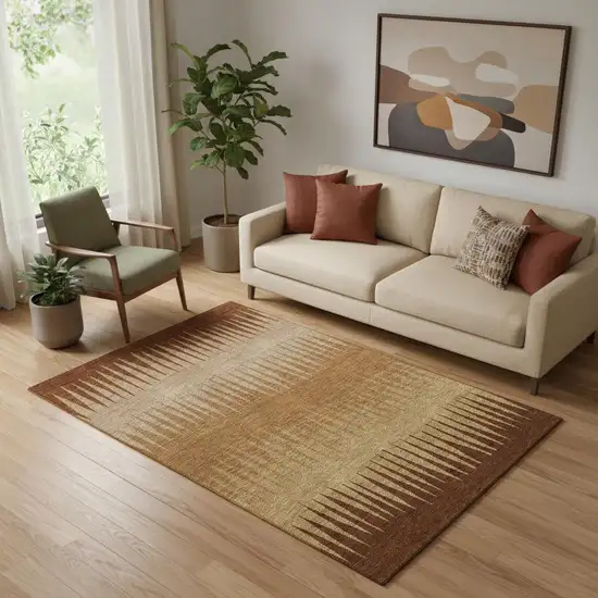 Rust Copper And Beige Striped Washable Area Rug With UV Protection Photo 1