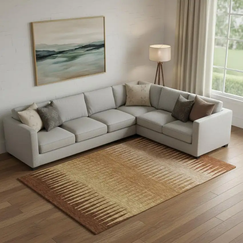 Rust Copper And Beige Striped Washable Area Rug With UV Protection Photo 1