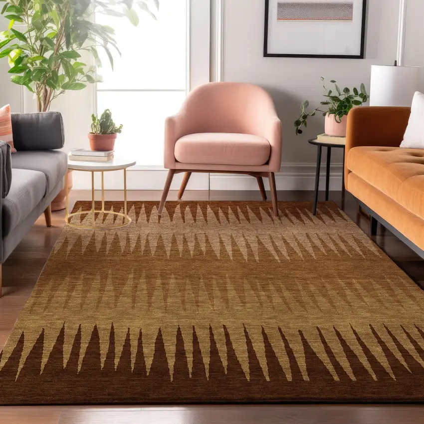 Rust Copper And Beige Striped Washable Area Rug With UV Protection Photo 2